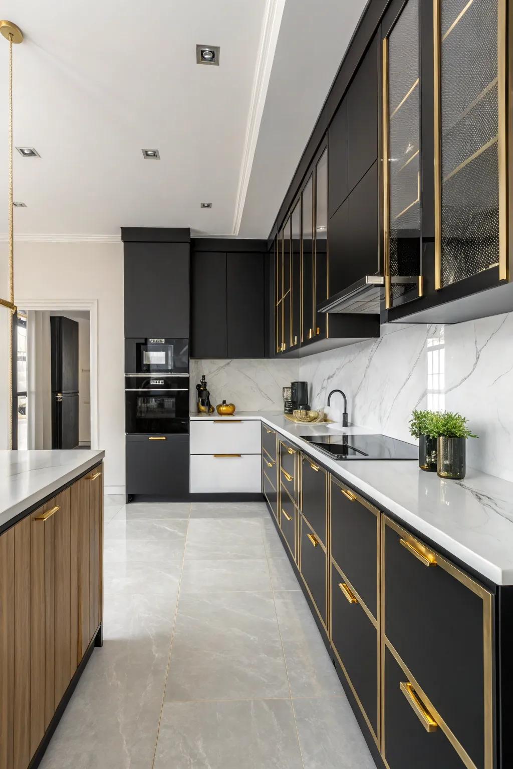 Minimalist décor with bold ebony and gilded details.