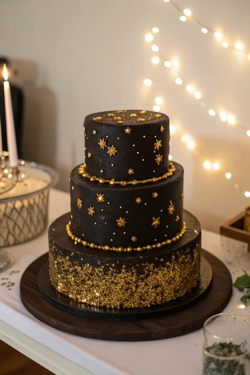 Gold sequins add a glamorous sparkle to this wedding cake.