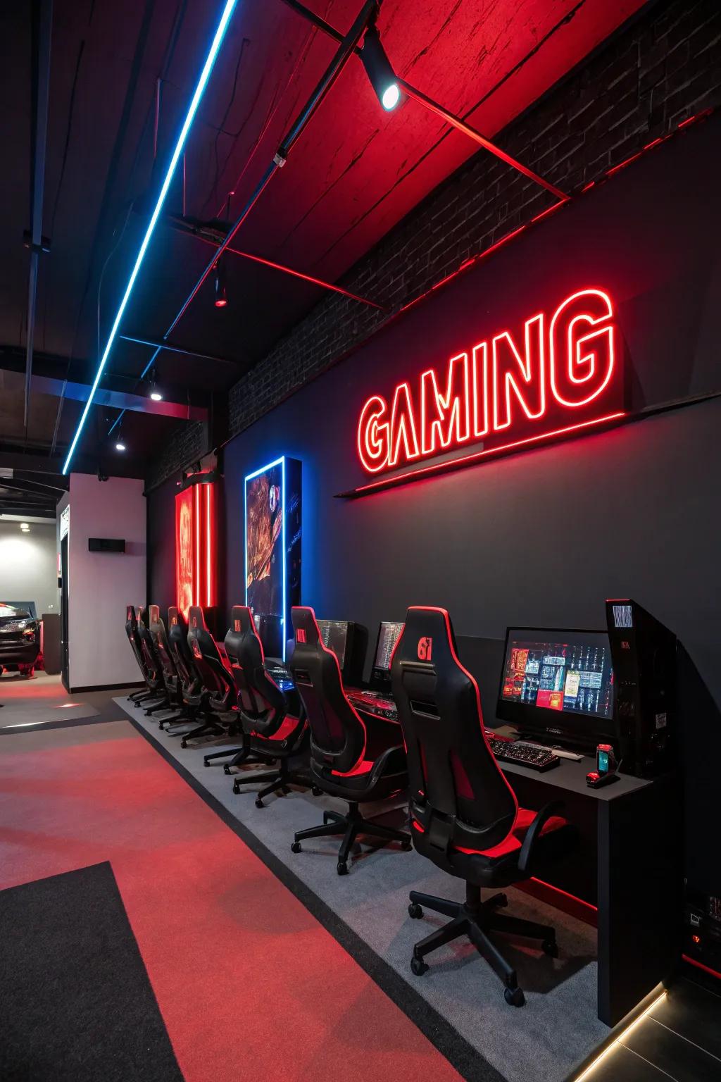 A neon sign adds a touch of flair and modern touch to the gaming room.