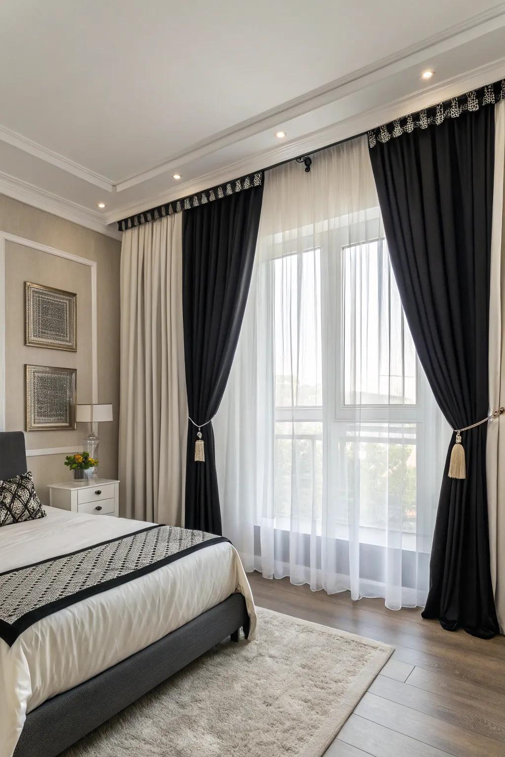 Window dressings complete the monochrome aesthetic.