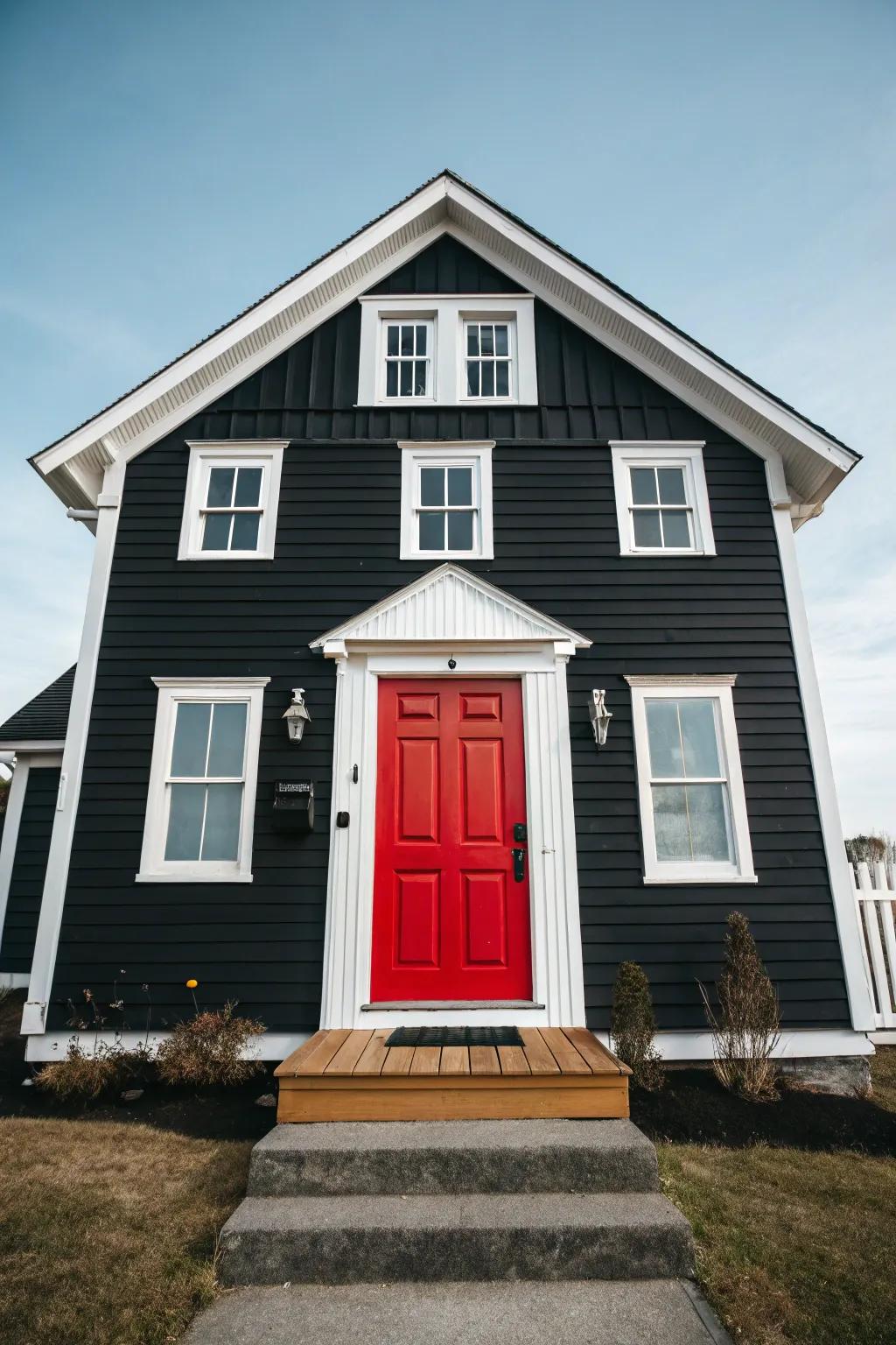 A bold front door supplements a striking contrast to this exterior.