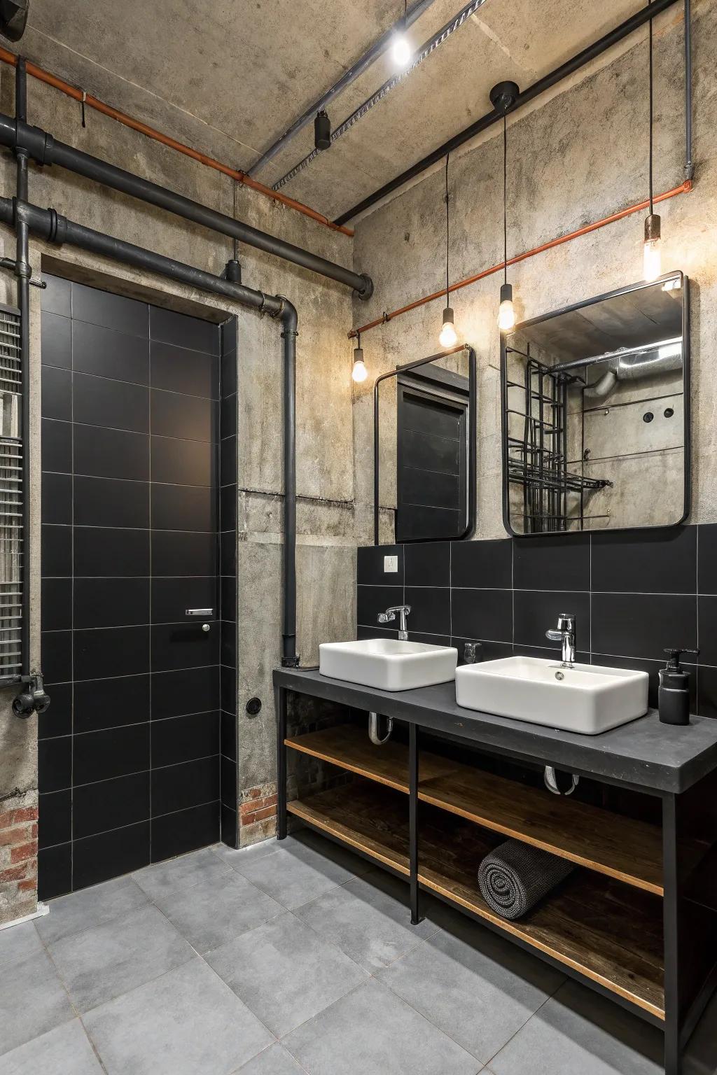 Concrete adds an urban chic vibe to dark restroom designs.