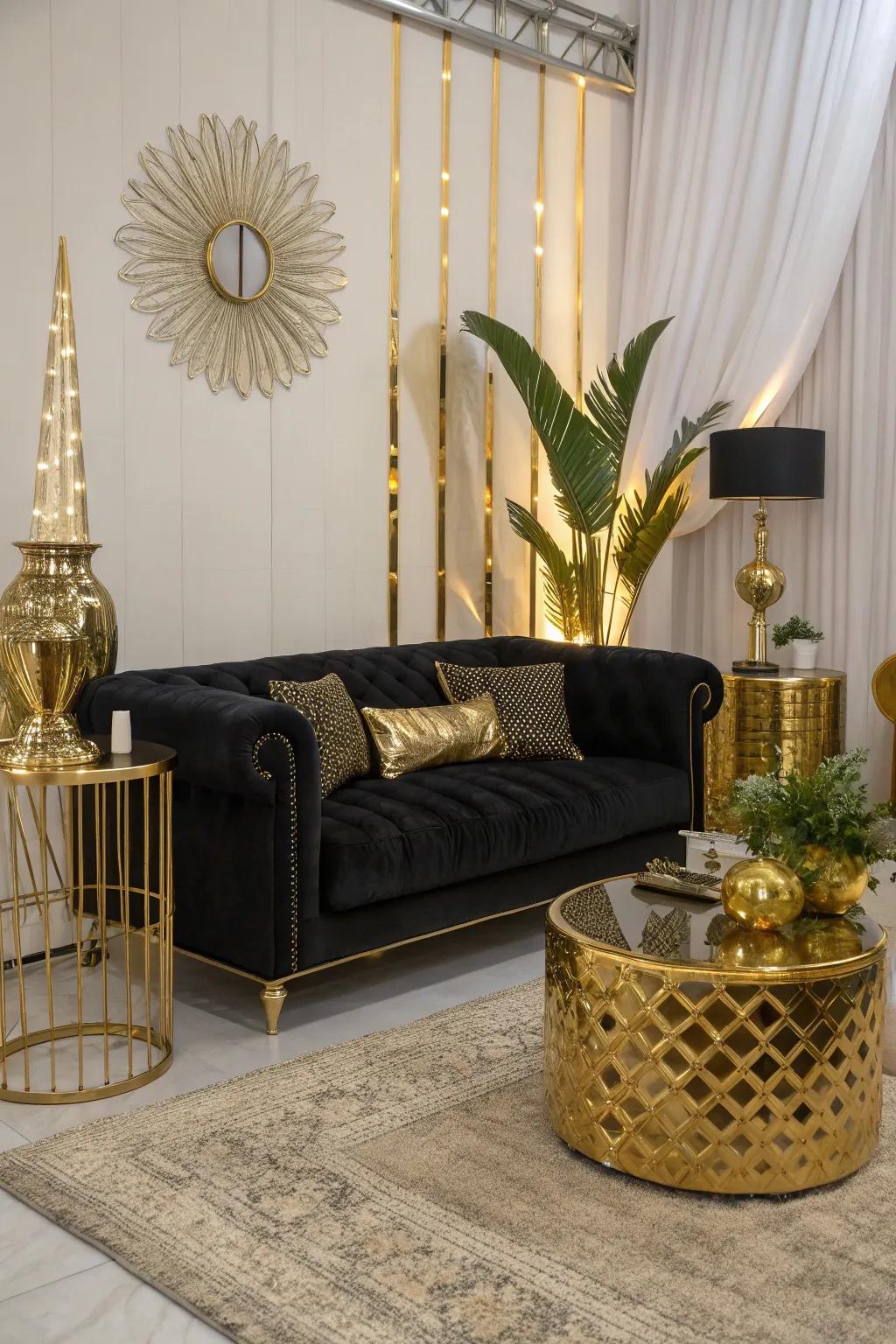 Glamorous gold accents with a dark-toned sofa.