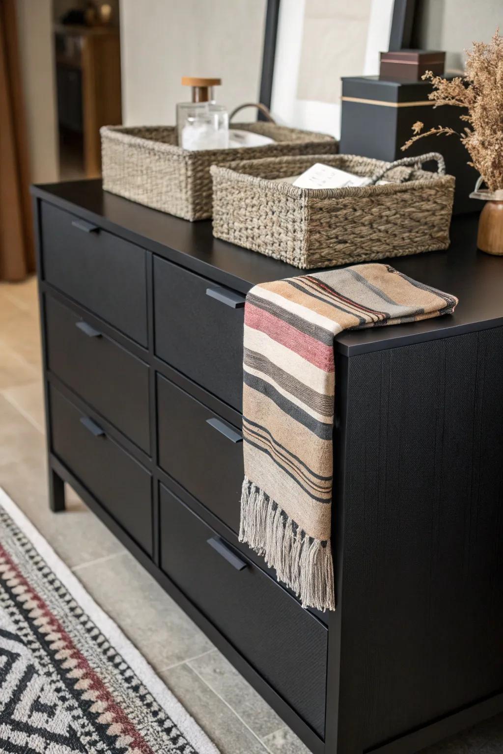 A black dresser adorned with rich textures for visual interest.