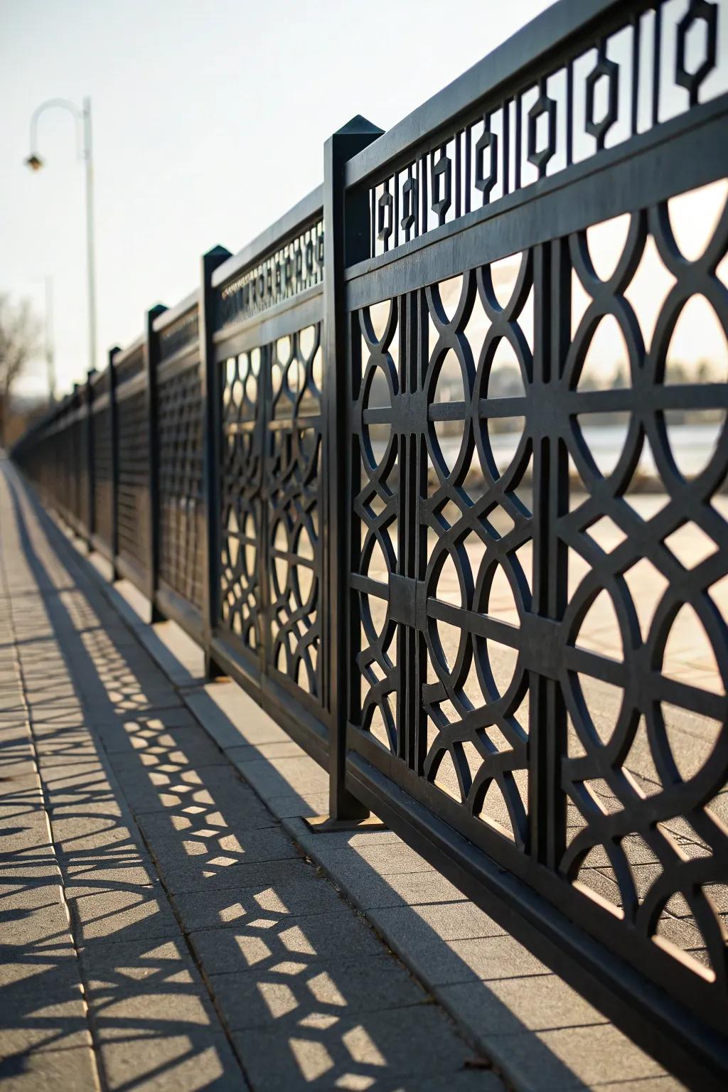 A black fence with symmetrical patterns adds a modern artistic touch.