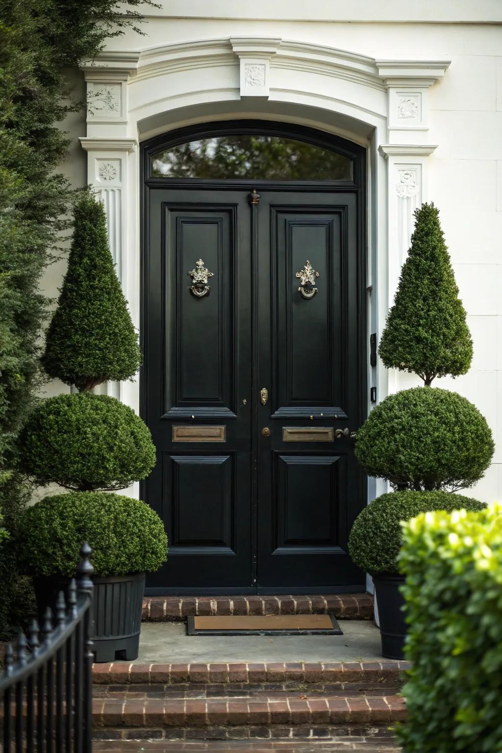 A pair of shaped bushes perfectly balancing a dark-toned entrance.