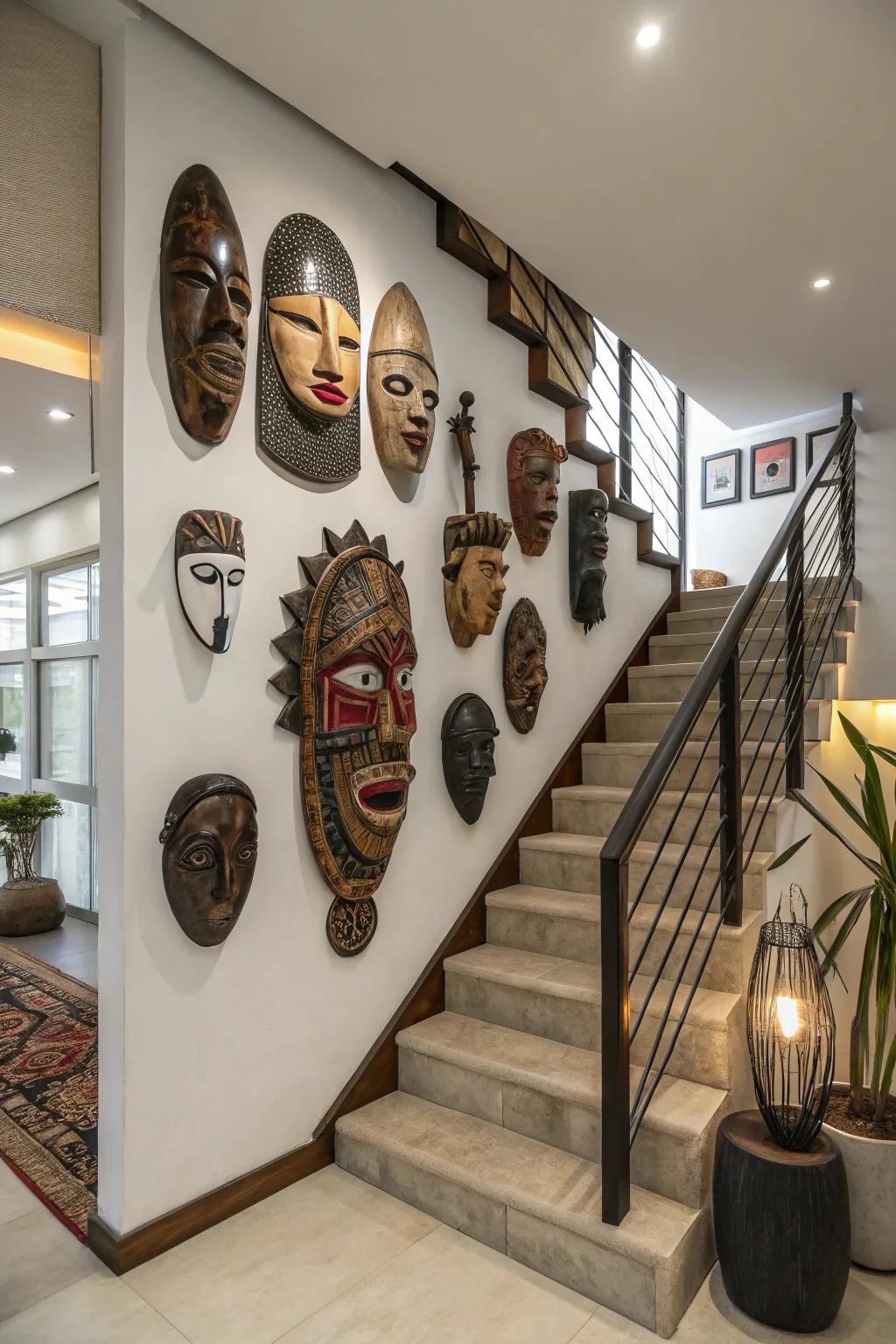 A collection of African masks transforms walls into showcases of culture.
