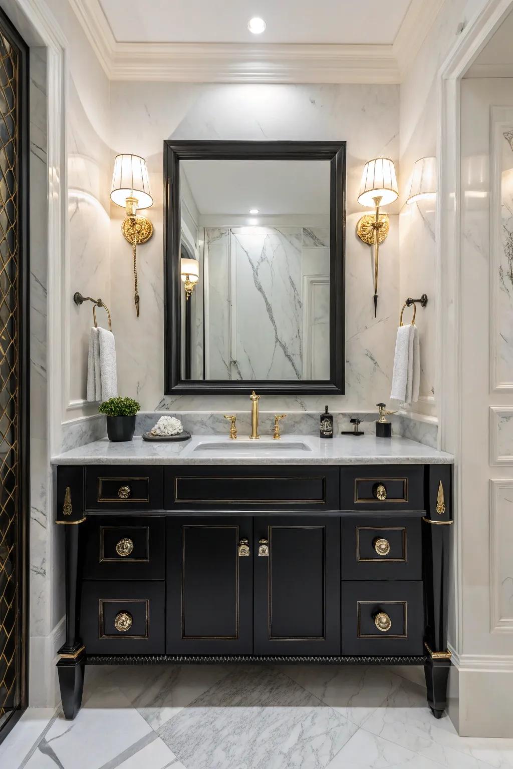 Marble pieces with a dark sink cabinet create a vibe of pure luxury.