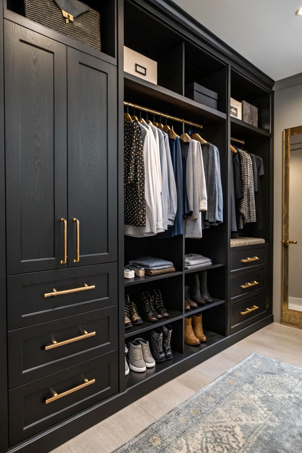 Metallic pops elevate the luxe vibe of this walk-in closet.
