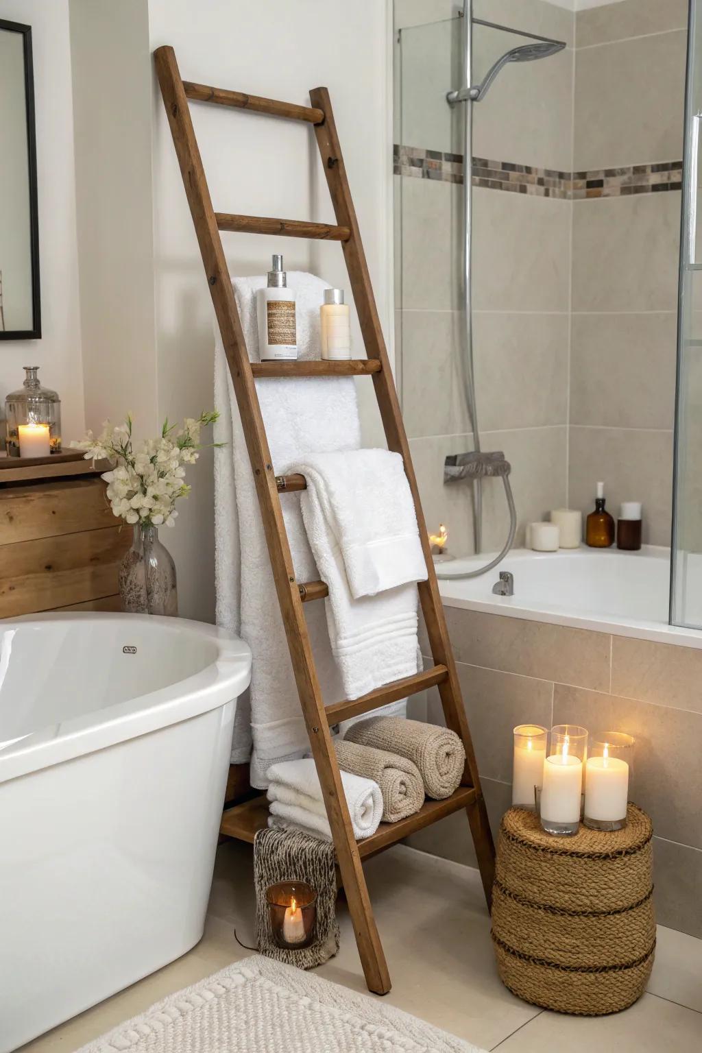 A blanket ladder brings elegance and function to the bathroom.