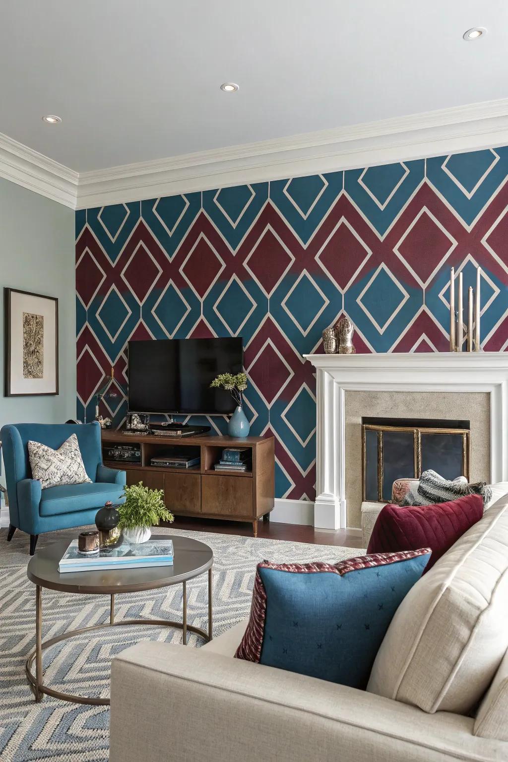 An azure and crimson focus wall becomes a striking centerpiece.