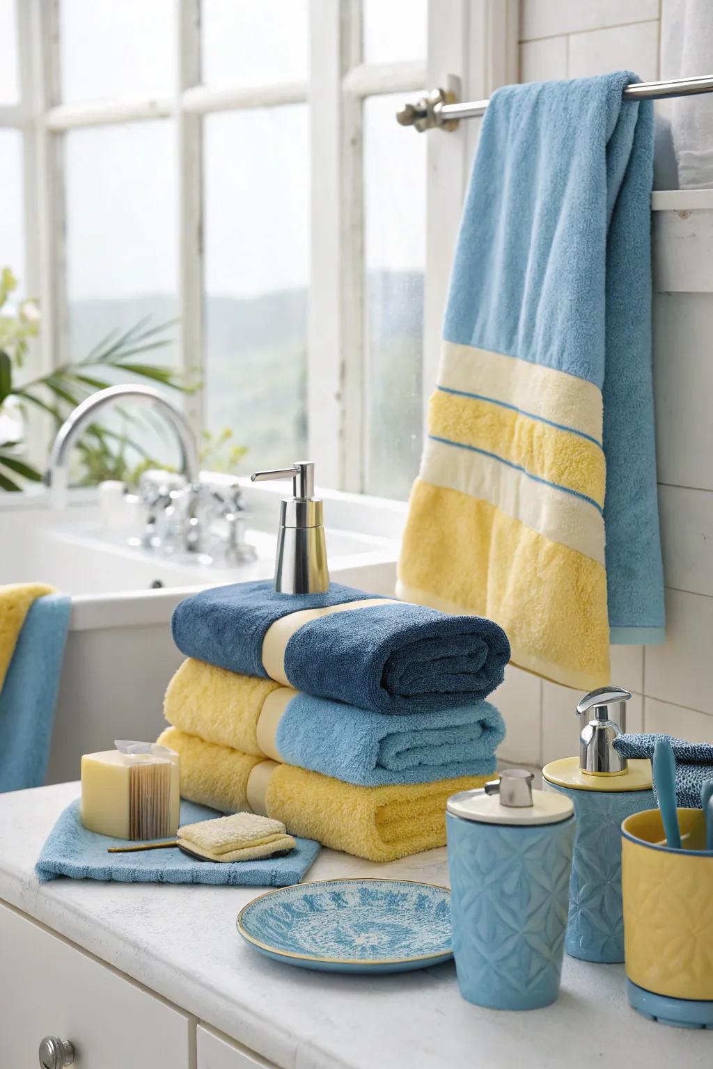 A bathroom enhanced with blue and yellow towels for a spa-like feel.