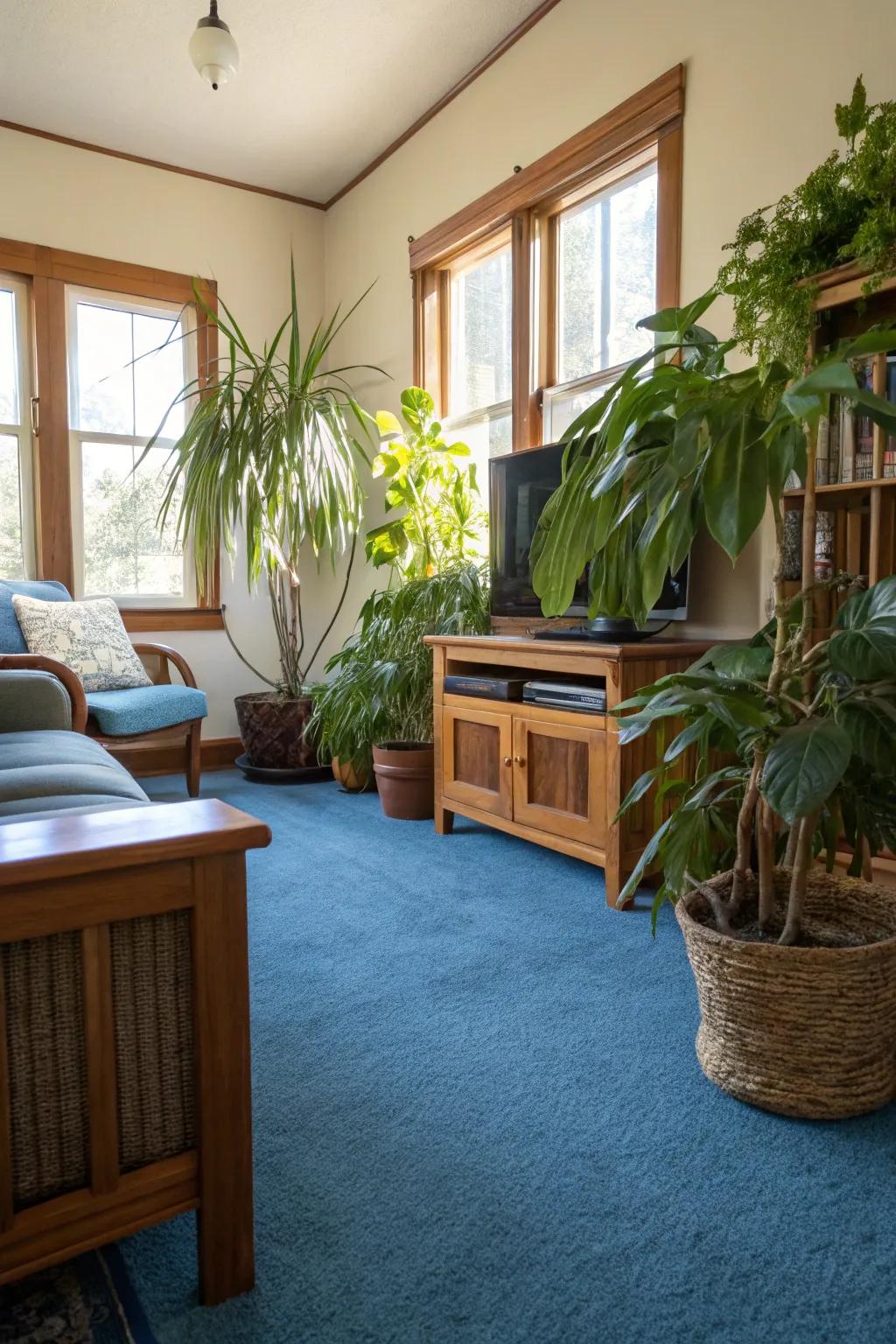 Indoor foliage infuses vibrancy and juxtaposition to a lounge with cerulean carpet.