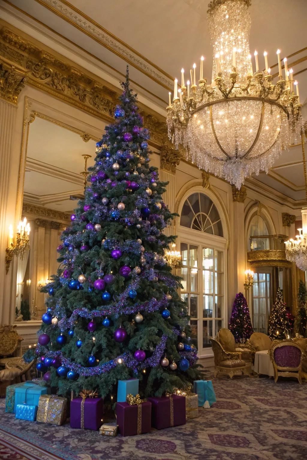 A royal and opulent azure and violet Christmas tree.
