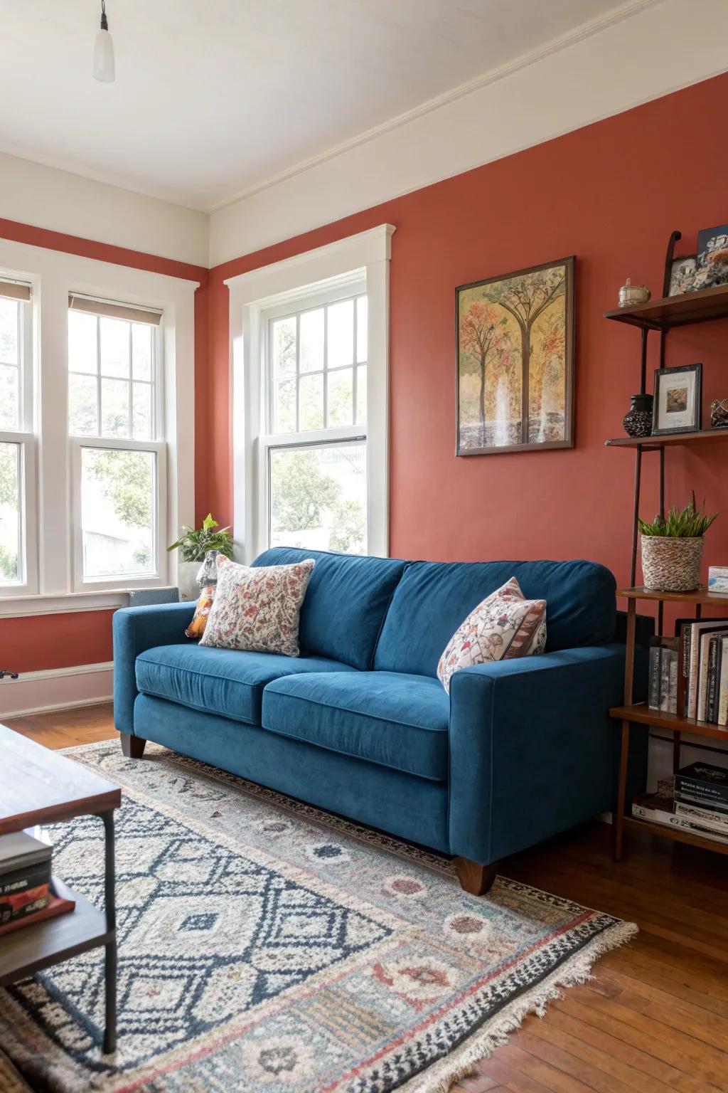 A bold accent wall makes the blue sofa stand out dramatically.