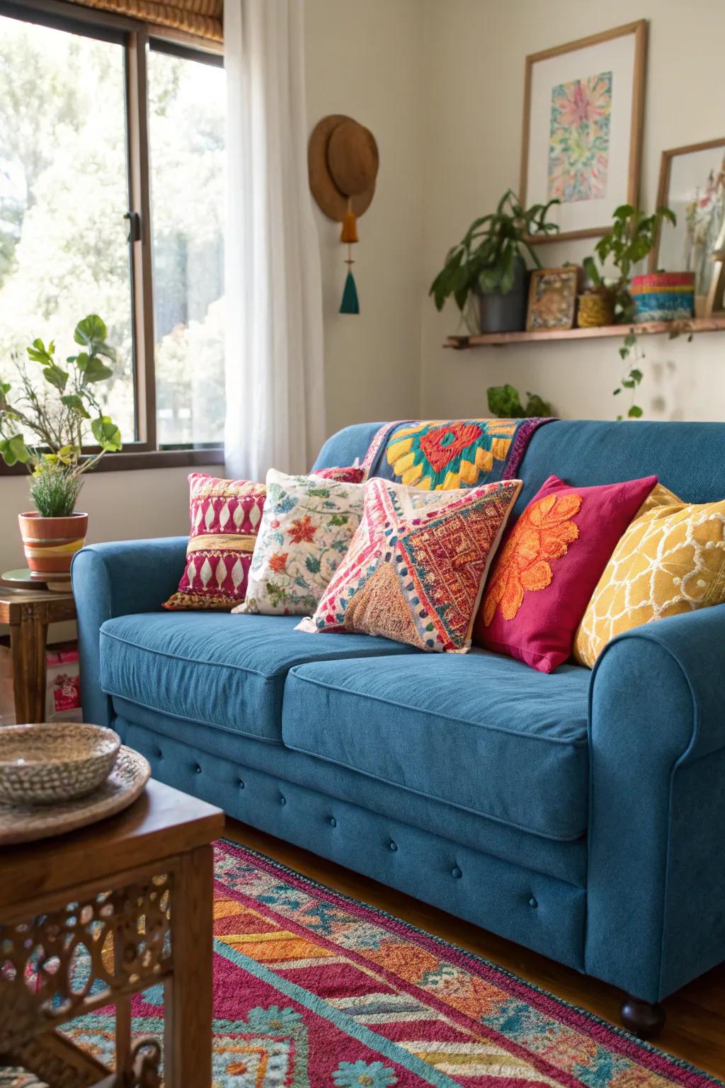 Bright accents make the cerulean settee pop with energy.
