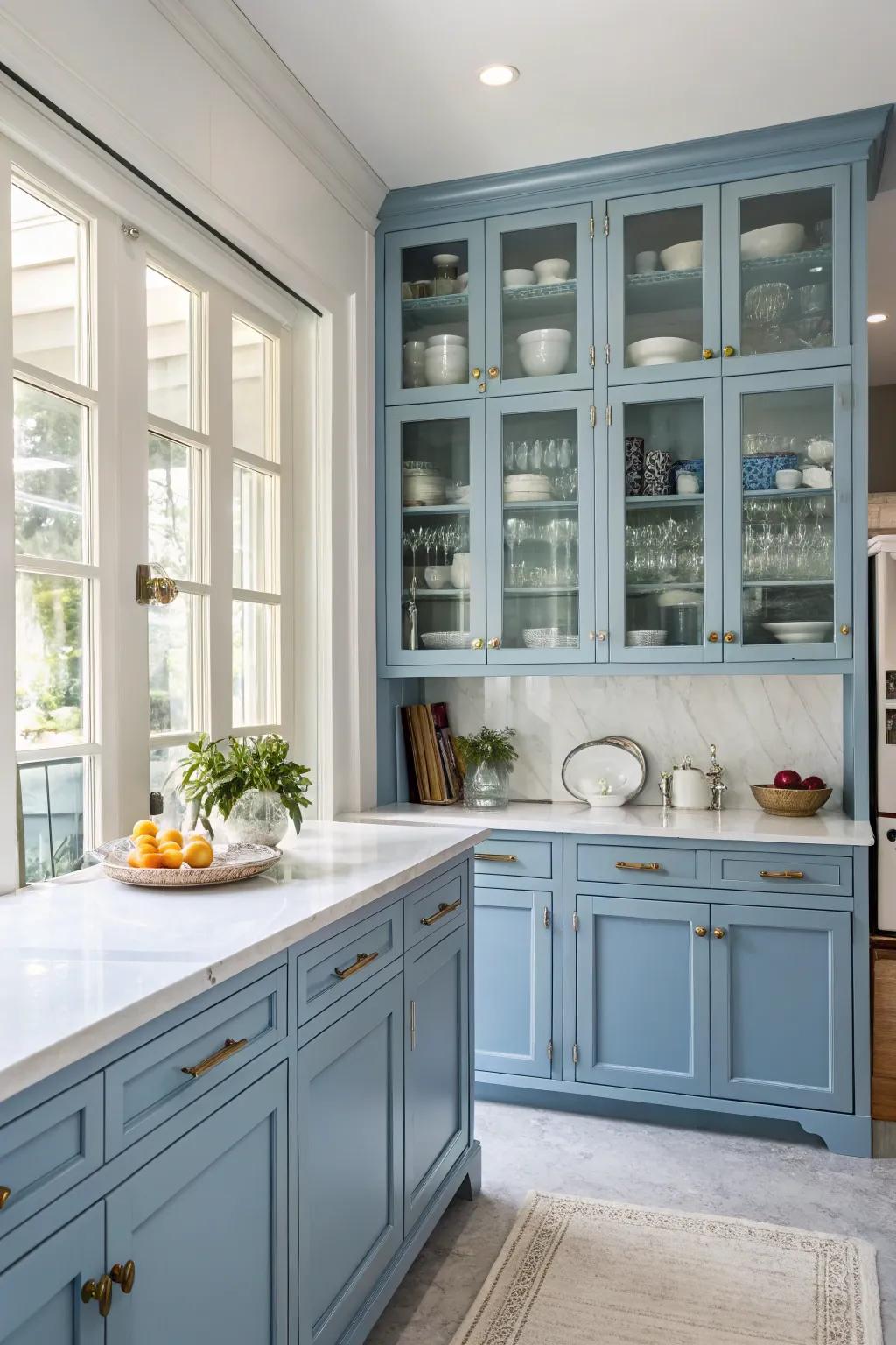 Elegant crystal facade azure cabinets display cherished dishware.