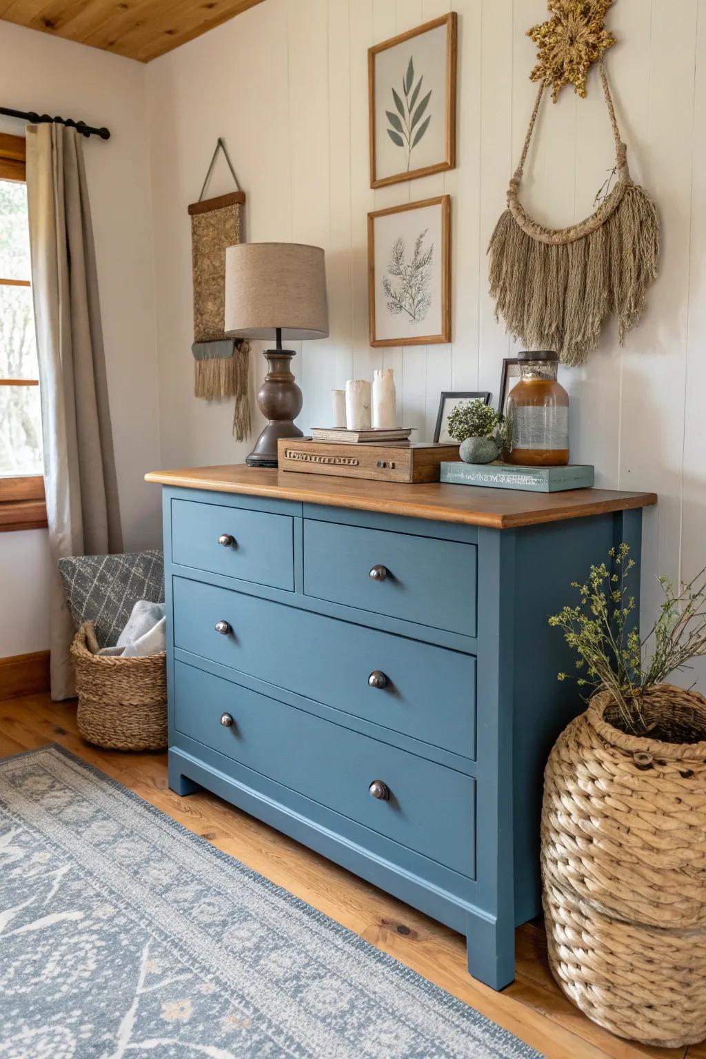 A blue dresser harmonizing with natural wood for an organic feel.
