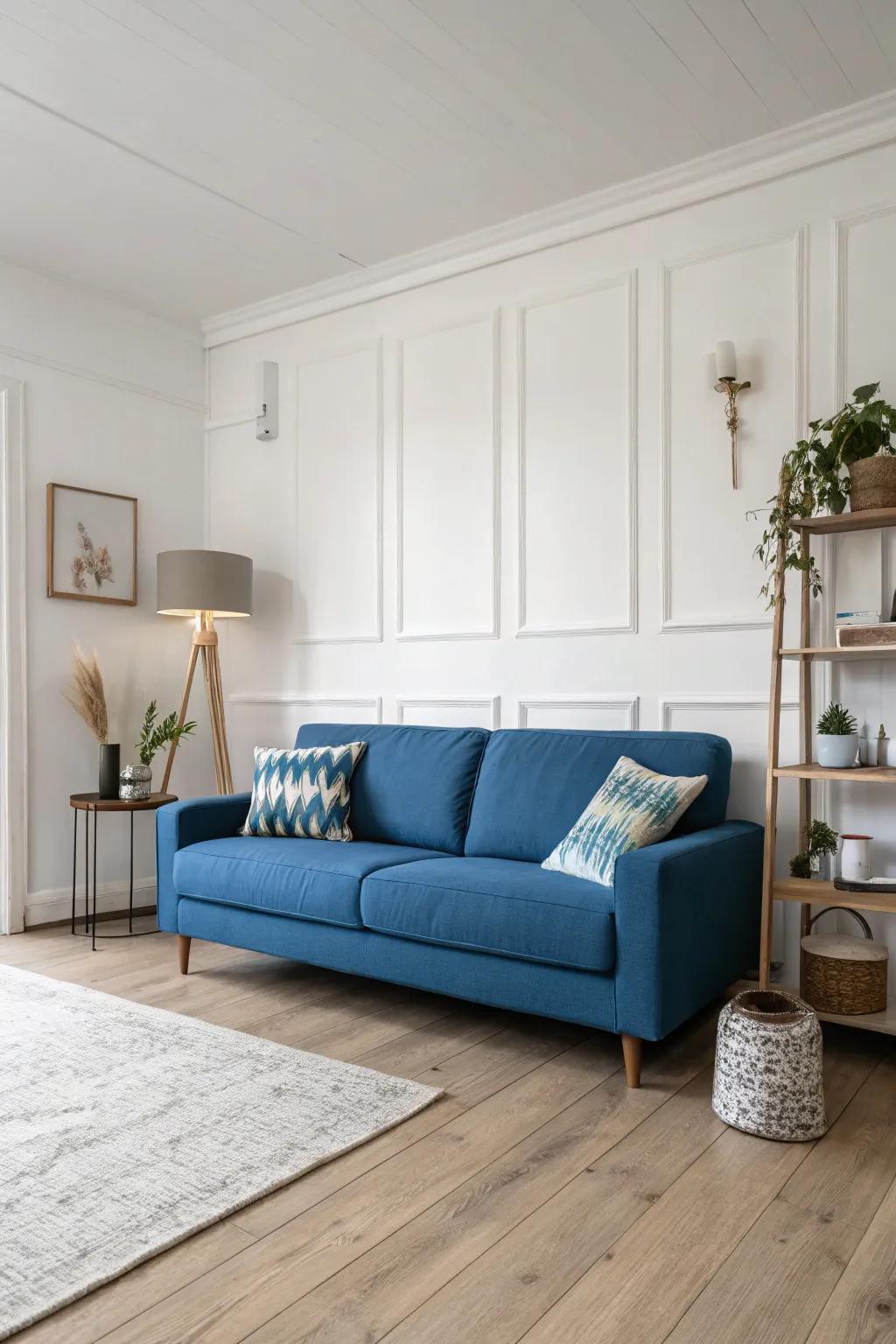 A pared-back approach highlights the cerulean couch.