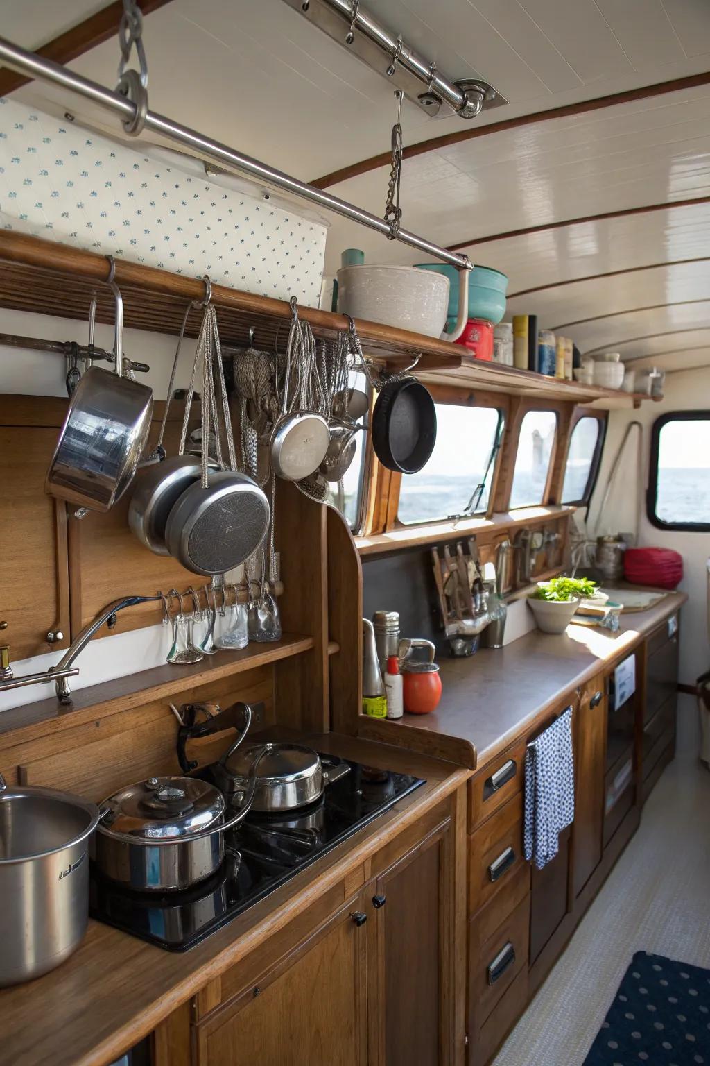 Suspended shelving in a boat's galley.