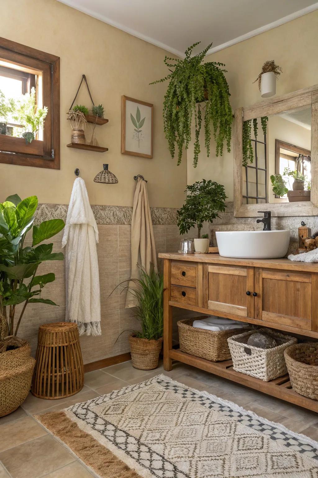 A serene boho bathroom with an earthy color palette.