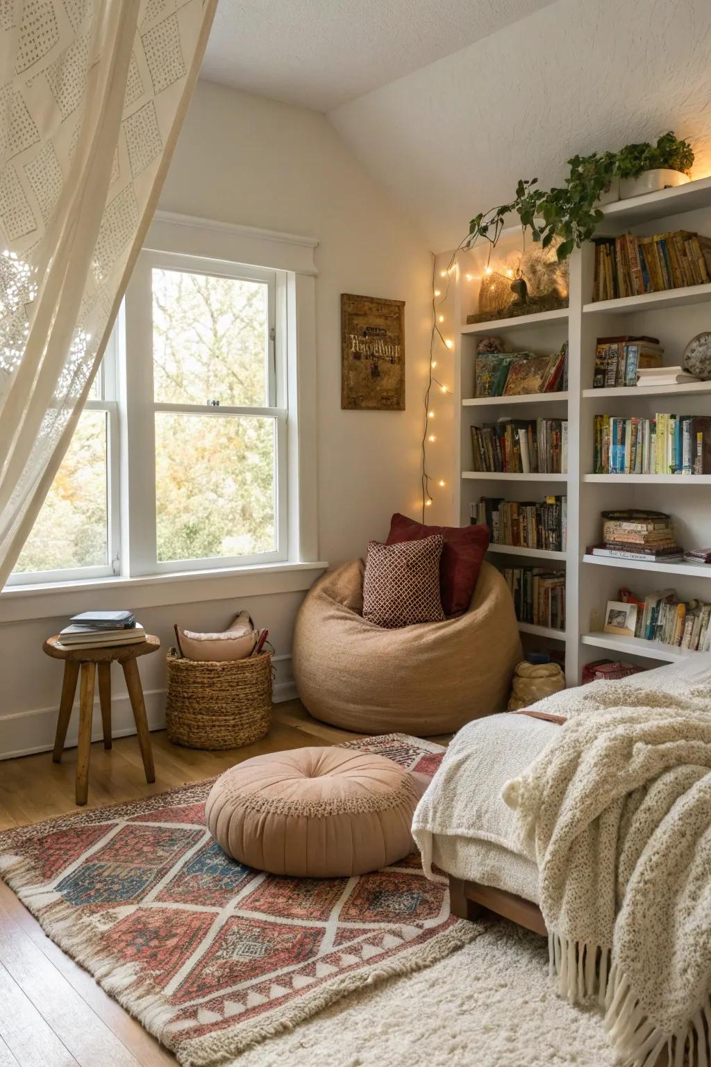 A cozy reading nook with somewhere comfortable to sit is a perfect getaway in this boho bedroom.