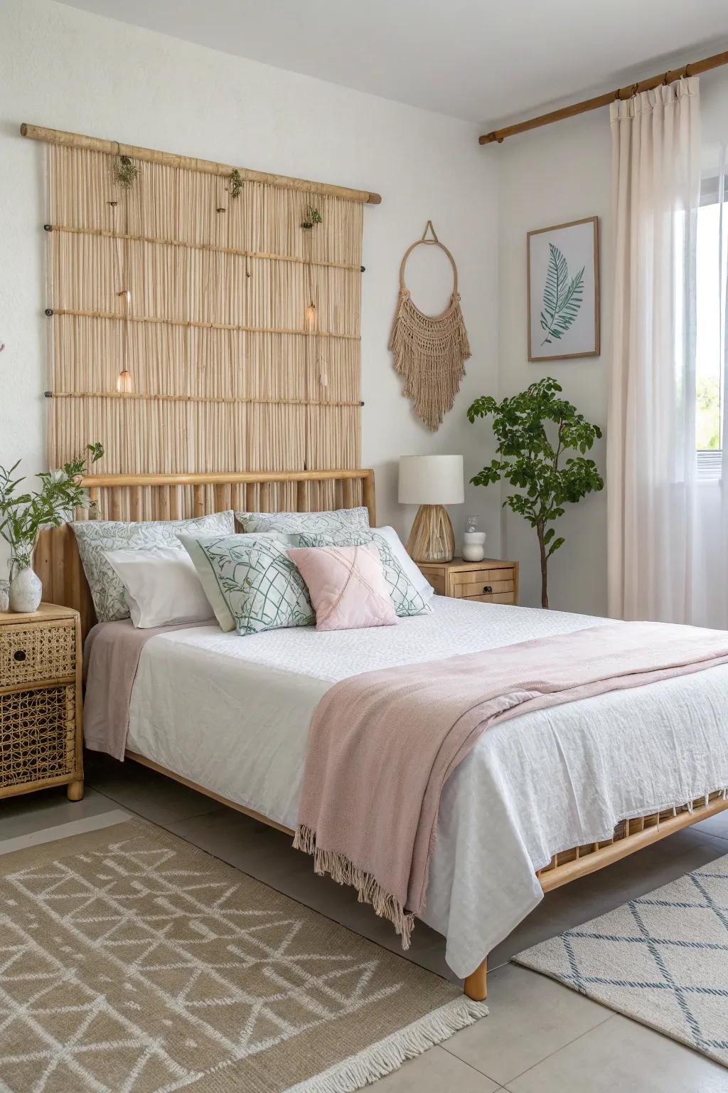 Bamboo introduces a tranquil, natural element to this serene boho bedroom.