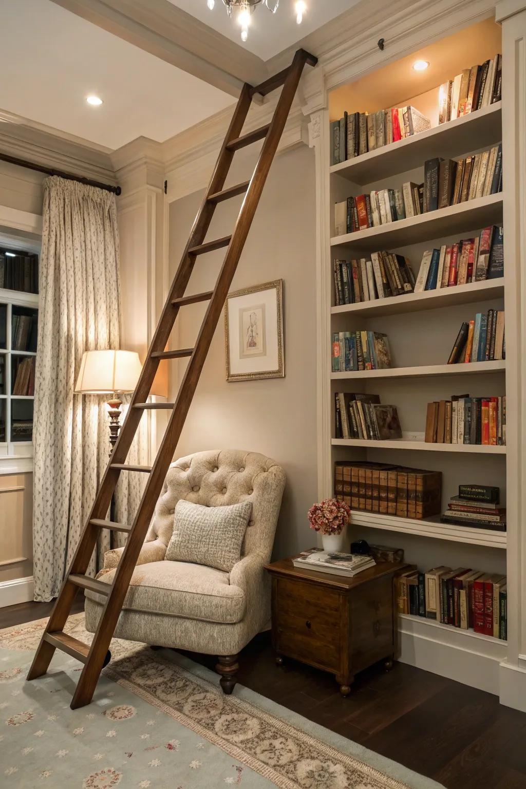 A book nook enhanced with a library ladder, adding an elegant and practical element.