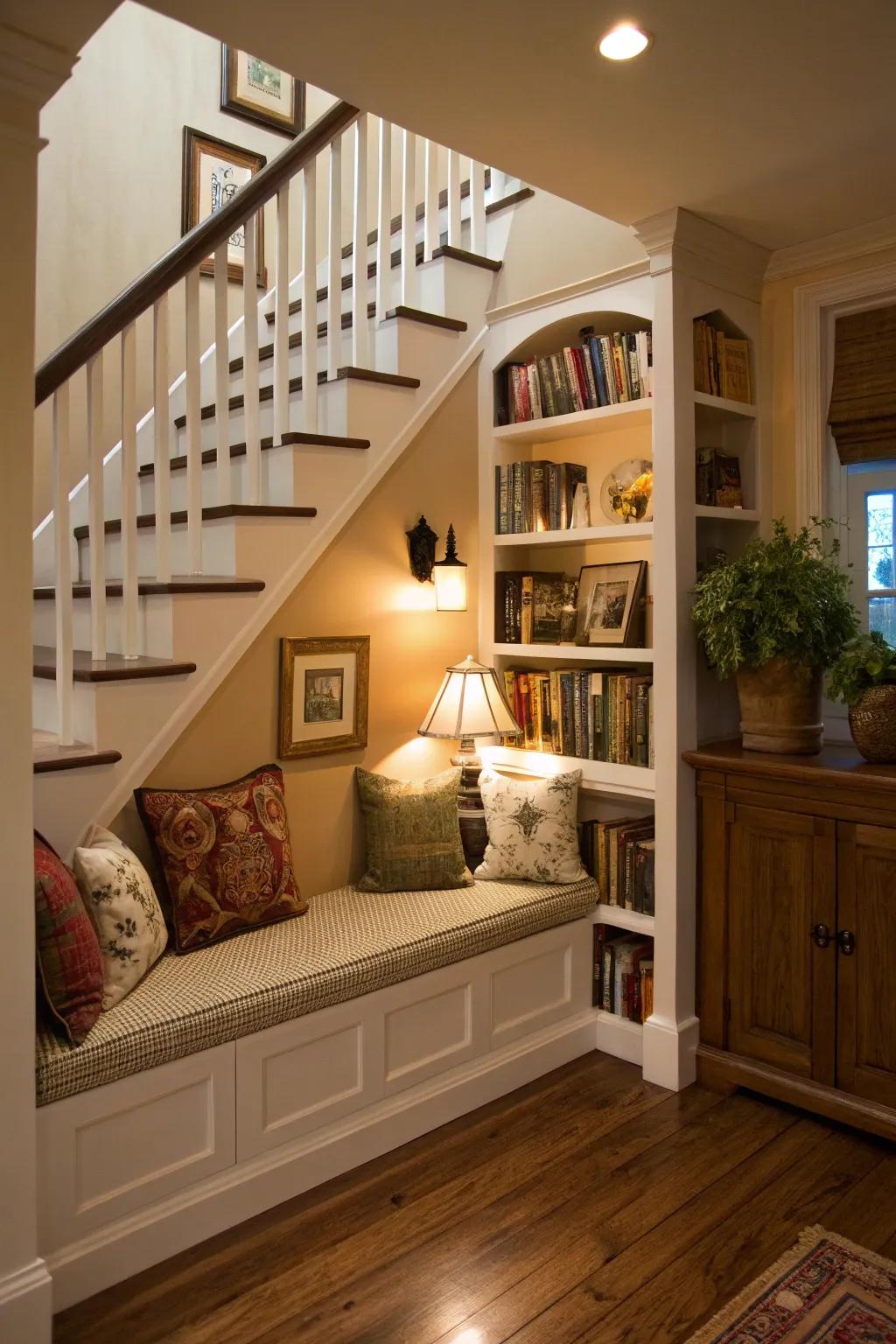 A snug reading nook tucked away under the stairs.