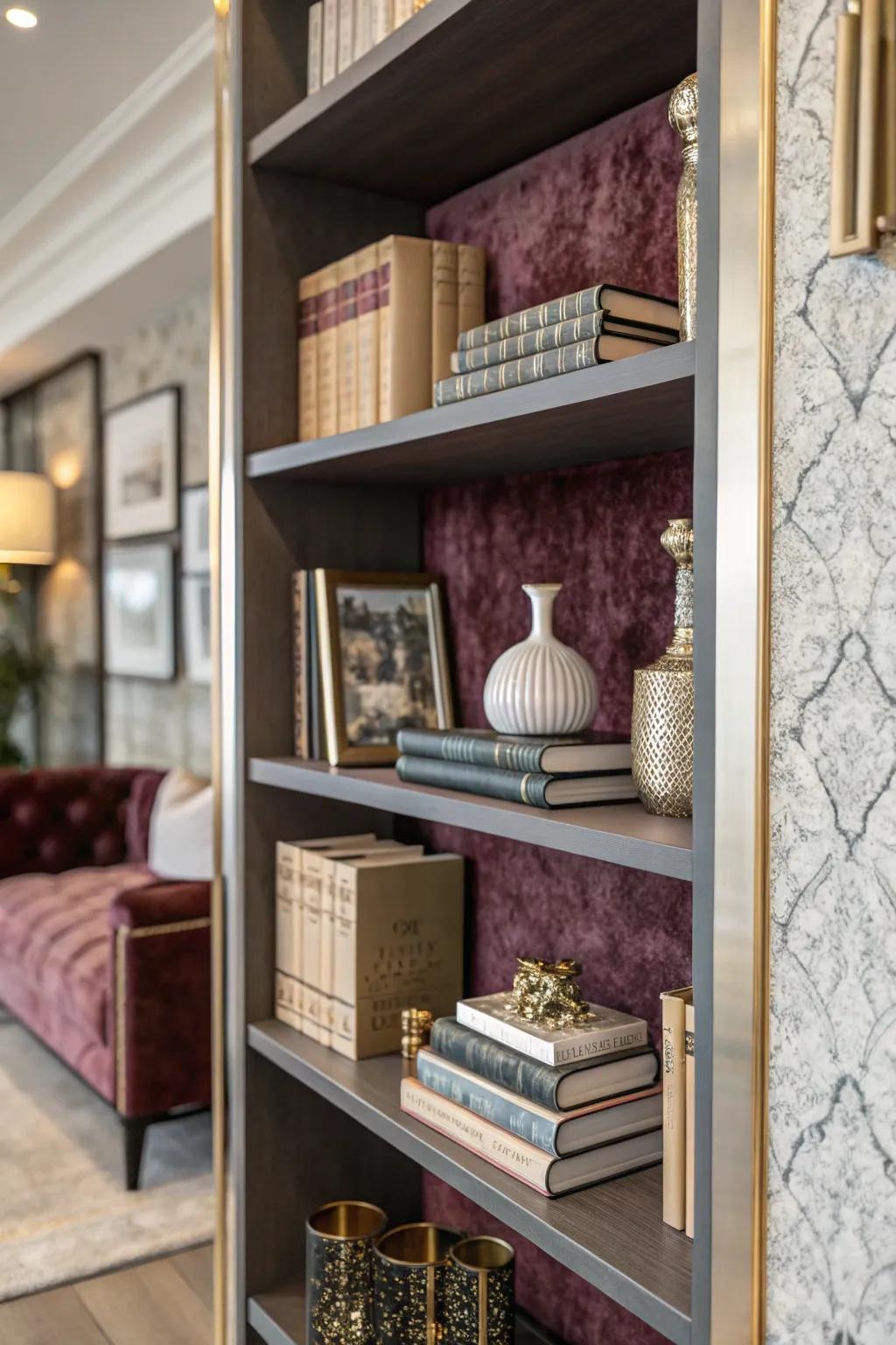 Bookshelf featuring velvet-look wallpaper for a luxurious touch.