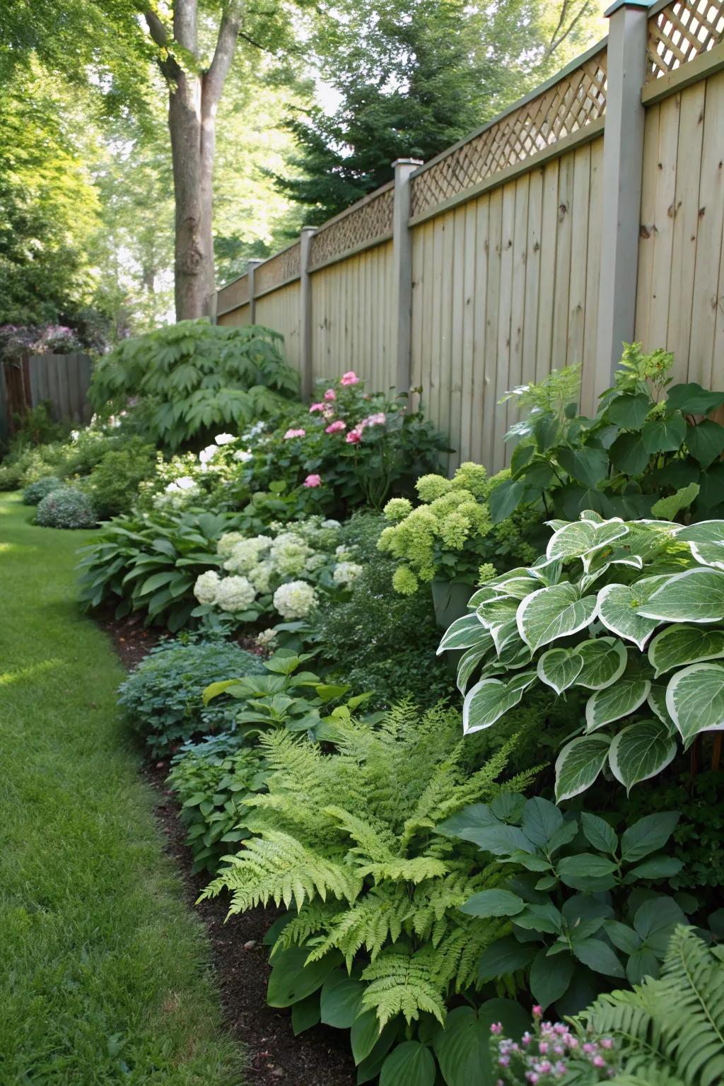 A lush, shaded garden border with shade-tolerant flora.