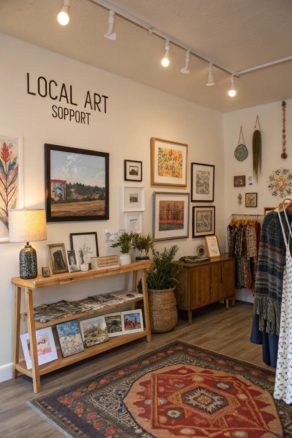 A boutique interior showcasing local art, adding a unique identity and supporting the community.