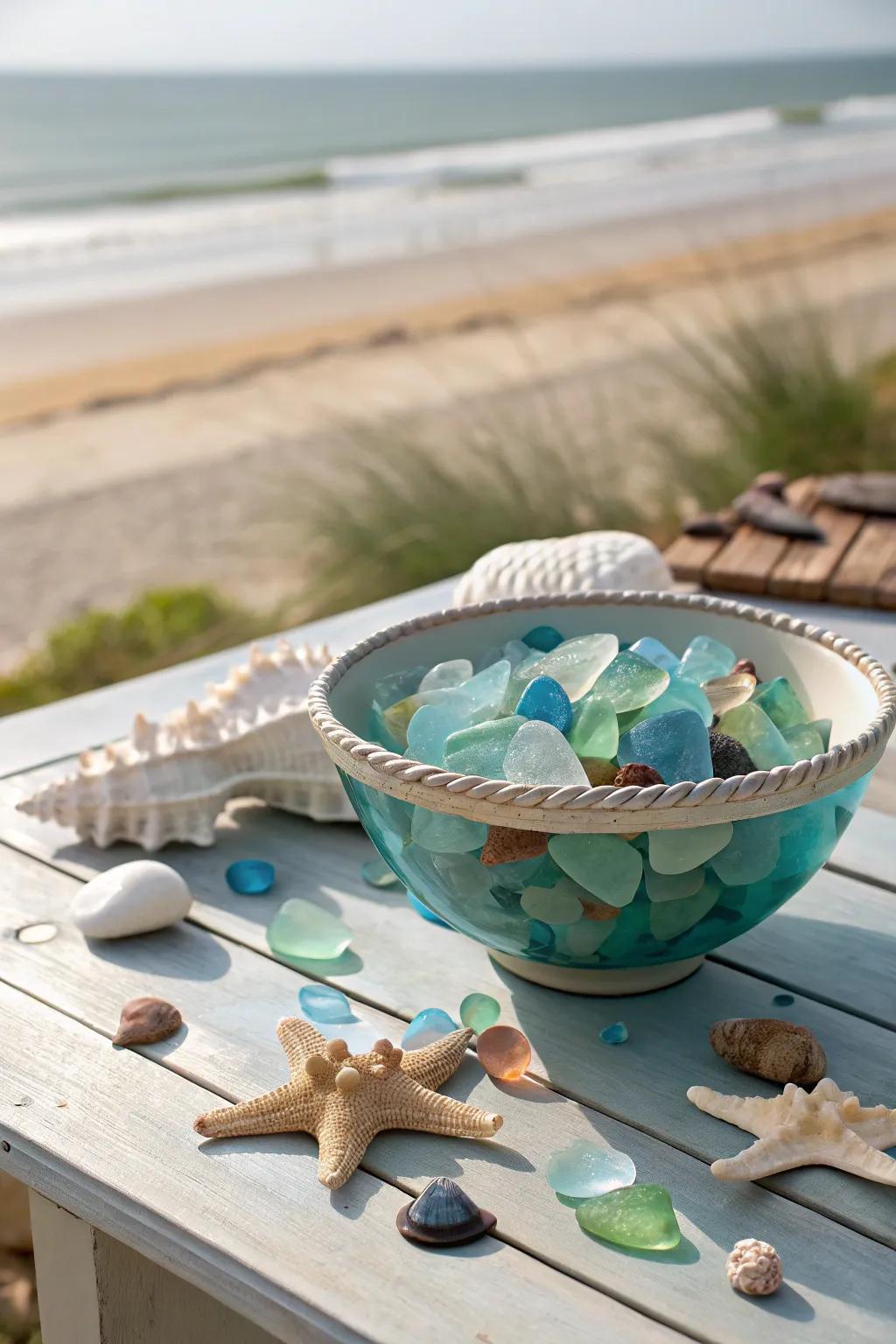 A bowl filled with ocean stone pieces