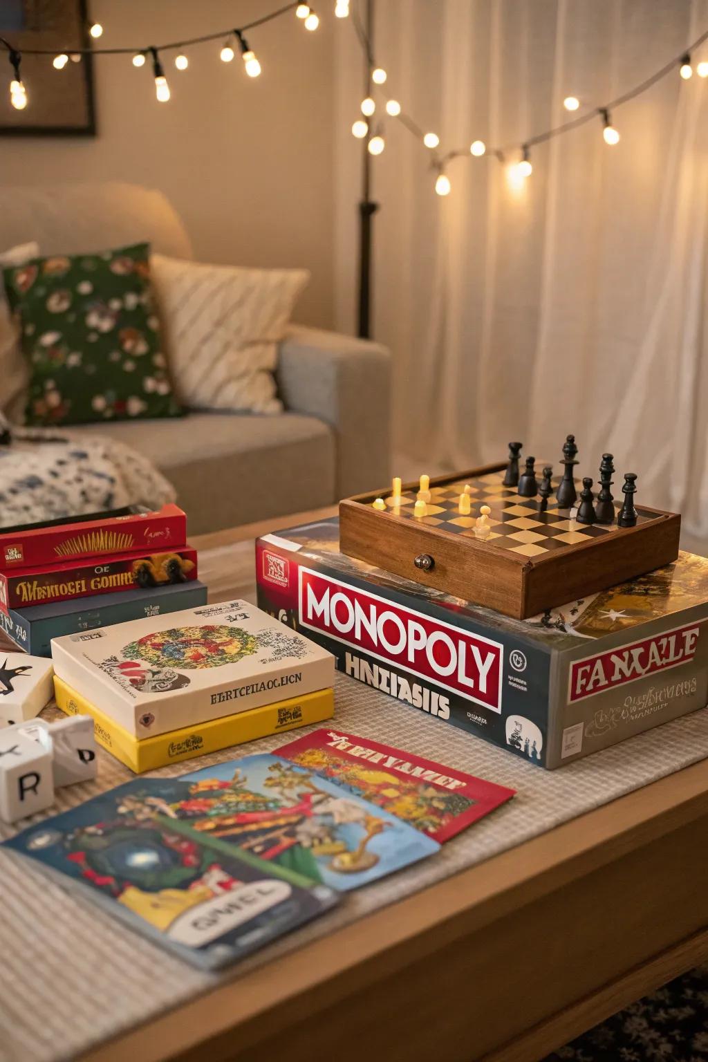 A table packed with board games for a fun Boxing Day game night.