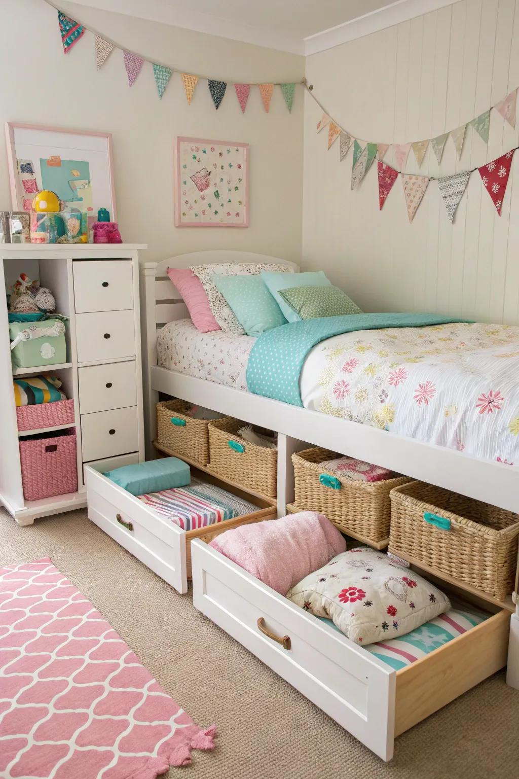 Under-bed storage keeps toys and clothing organized and out of sight.