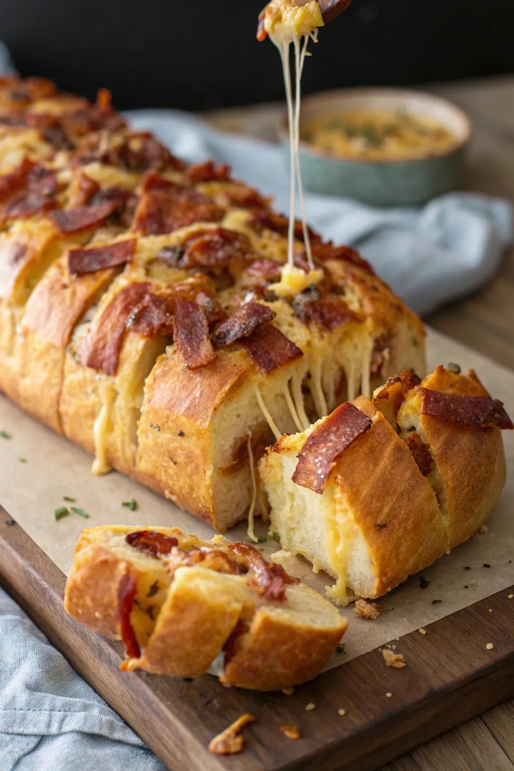 Bacon and cheese pull-apart, a savory treat that is a hit at any get-together.