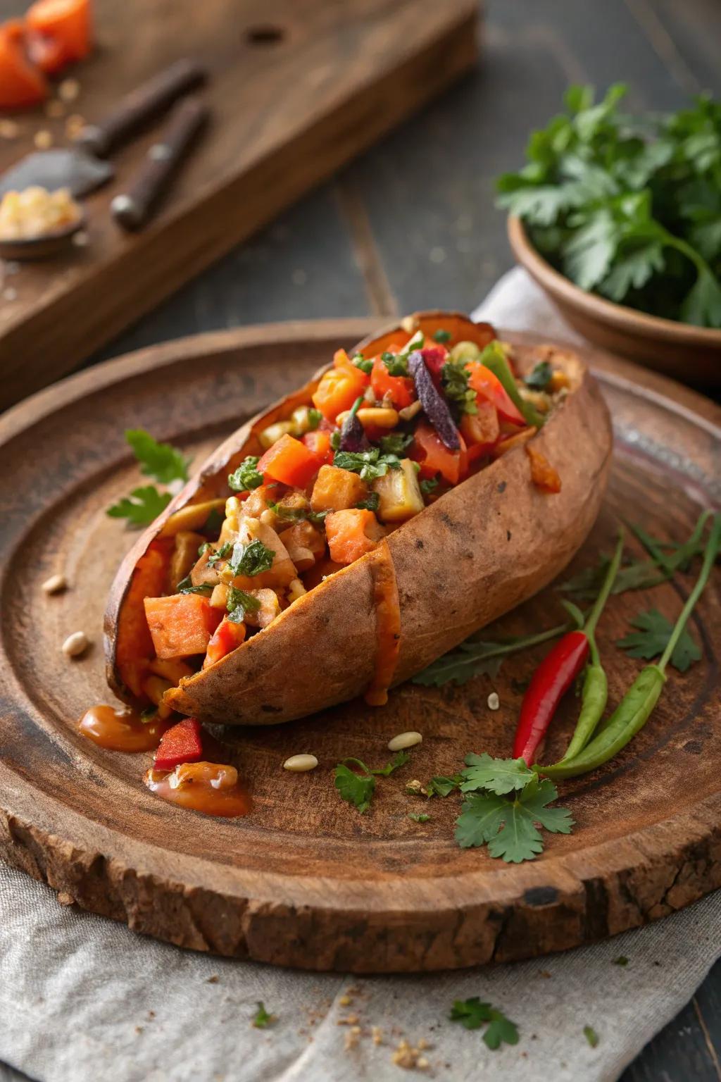 A sweet potato loaded with vibrant vegetables for breakfast.