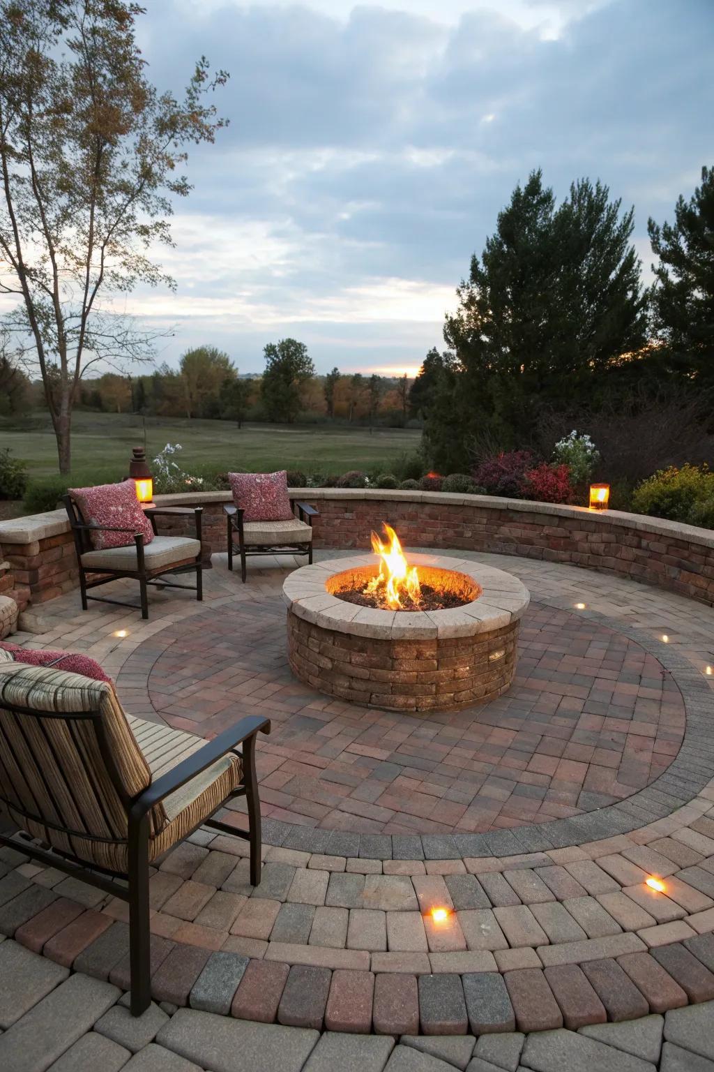 A circular stone block area around a campfire encourages warmth and social gatherings.