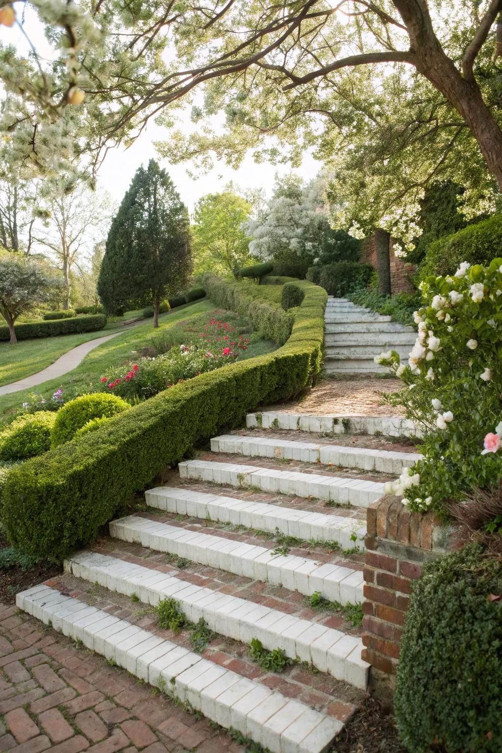 Whitewashed brick steps delivering a whimsical appeal.
