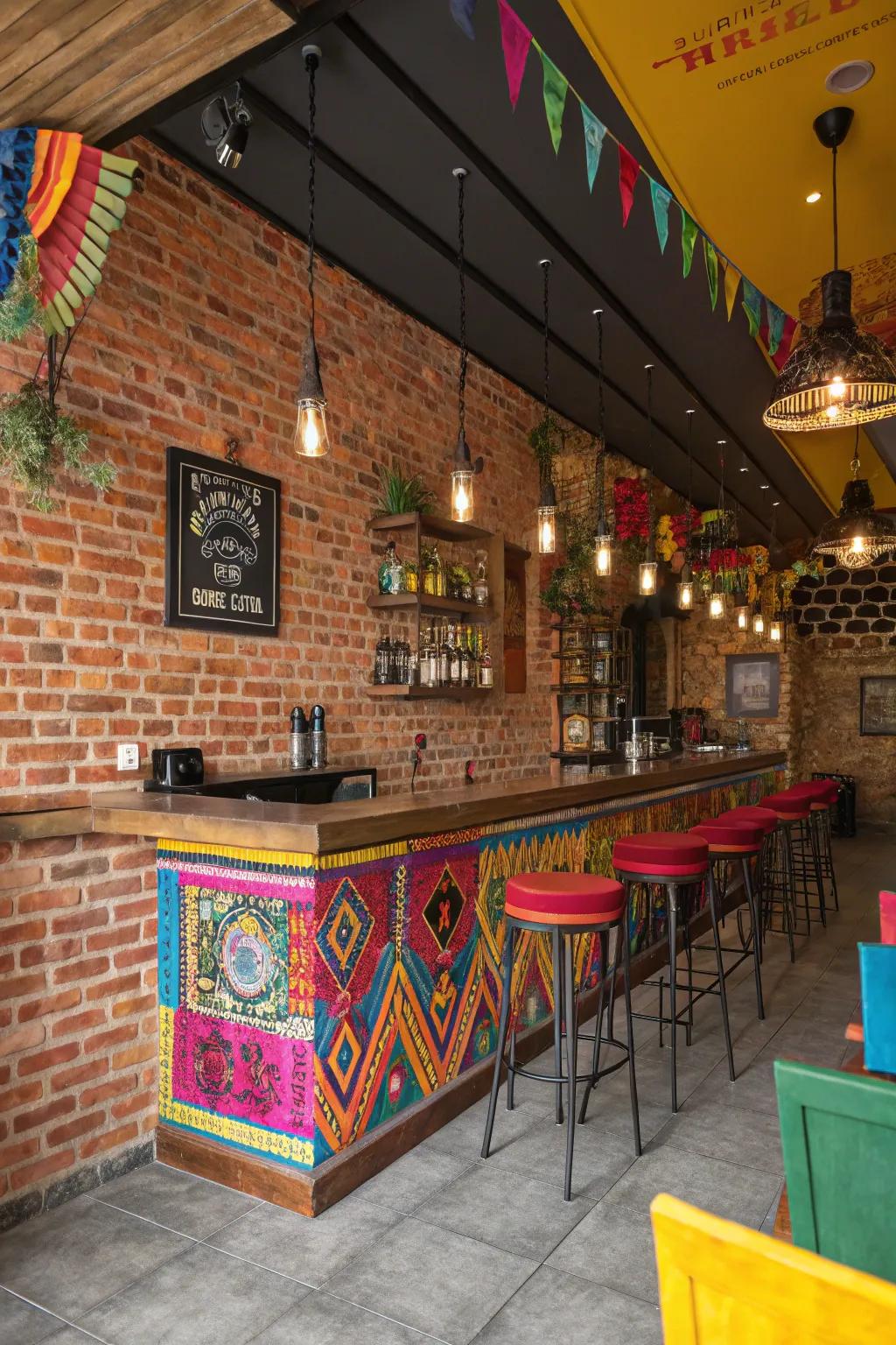 Strong colors create a lively ambiance in a brick wall bar.