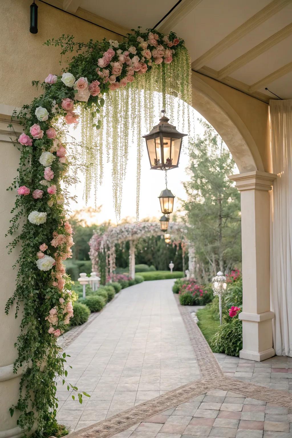 Stunning hanging floral installations craft a spectacular entryway for the bridal shower.