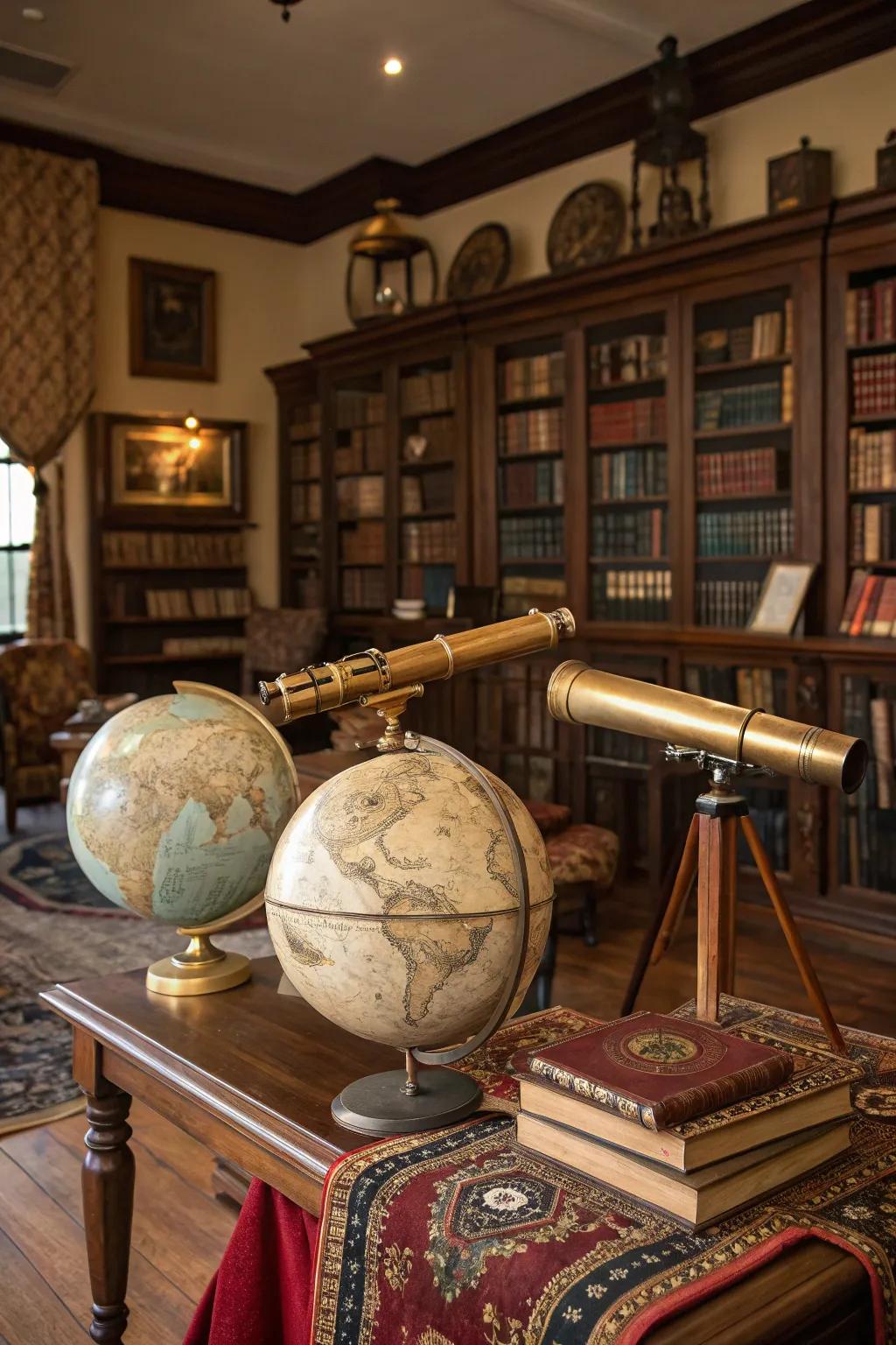 Globes and telescopes add intellectual beauty.