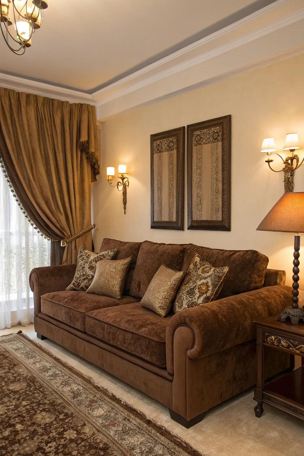 Cocoa silken furnishings heighten opulence and richness to the area.