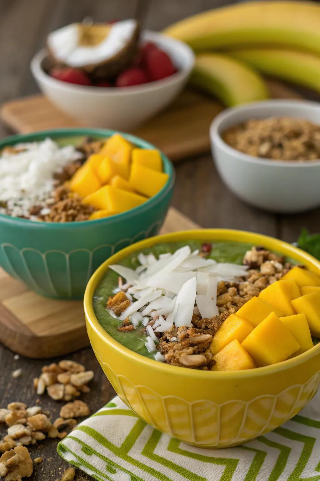 Revitalizing exotic blended fruit bowls exuding radiant energy.