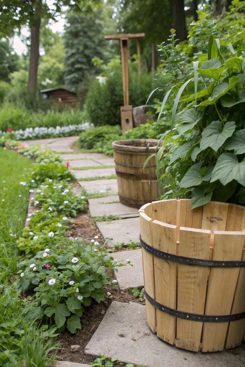 Buckets featuring natural timber wraps forming an earthy garden vibe.