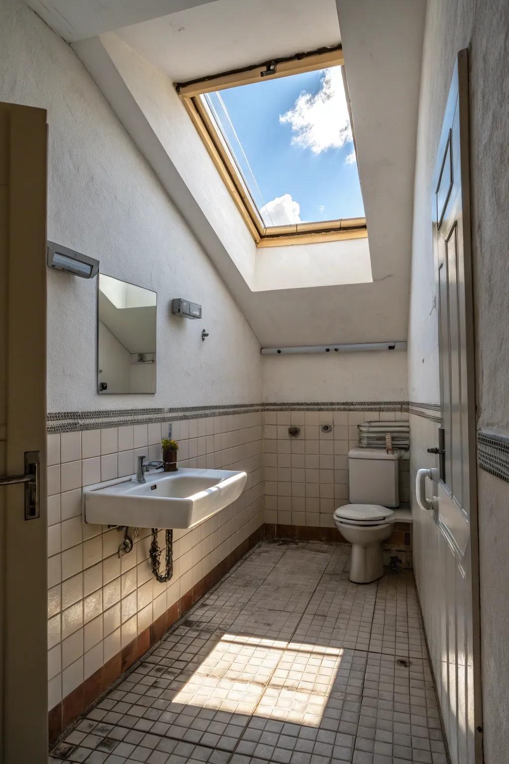 A skylight brightens up this small bathroom with natural light.