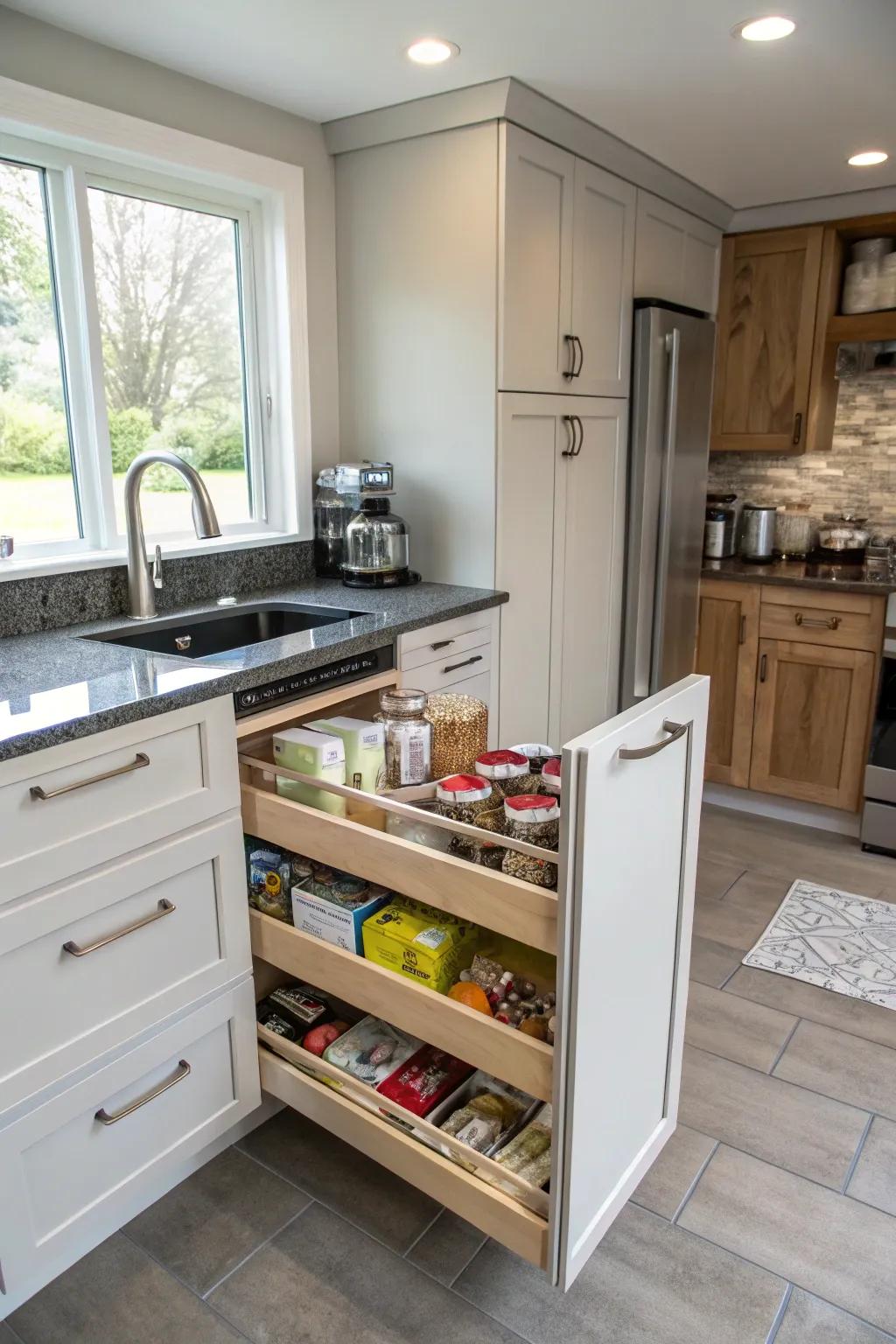 Ingenious storage solutions enhance practicality in this kitchen.