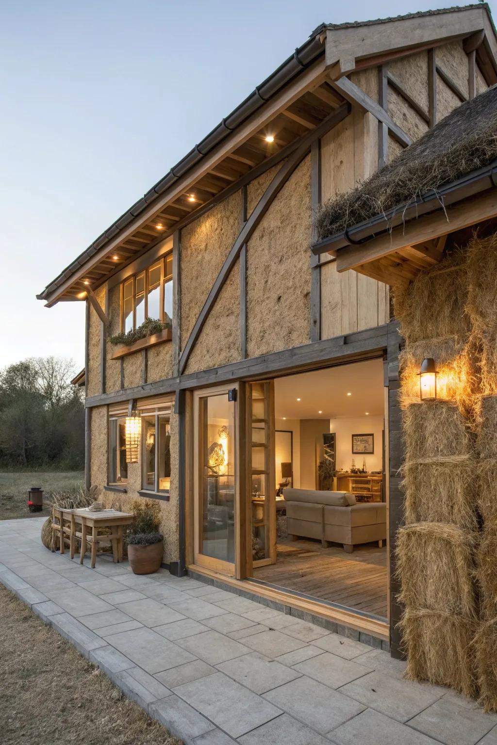 Straw bale walls provide natural insulation and a distinctive rustic appeal.