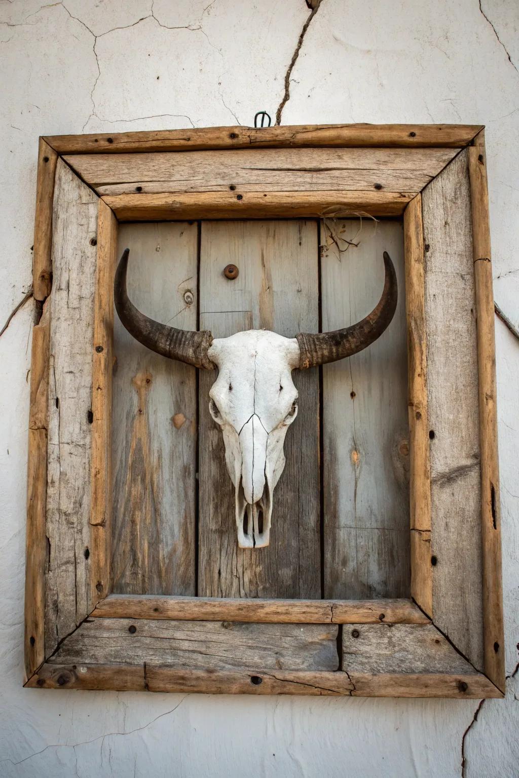 Countryside charm through a framed bovine skull.