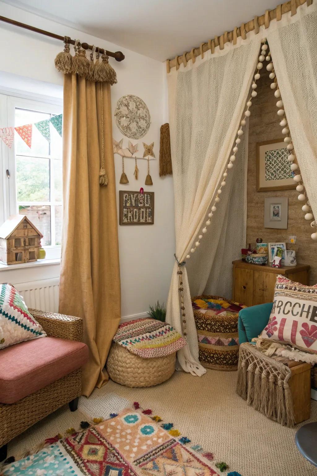 Bohemian flair with hanging decor-trimmed woven fiber drapes.